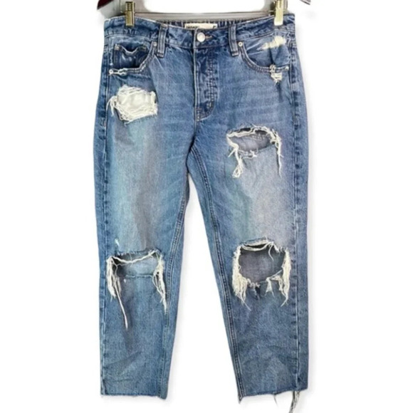 GARAGE Boyfriend Jeans Distressed Blue Light Wash Fray Hem Baggy Mid Rise Size 5 - Picture 2 of 11